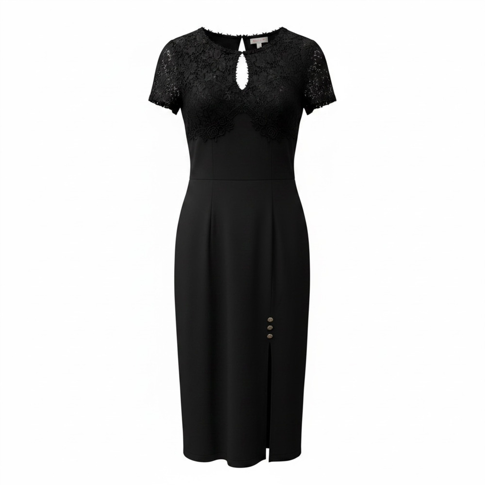 Veronica Dress Womens L Black Lace Floral Sheath Midi Keyhole Embroidered